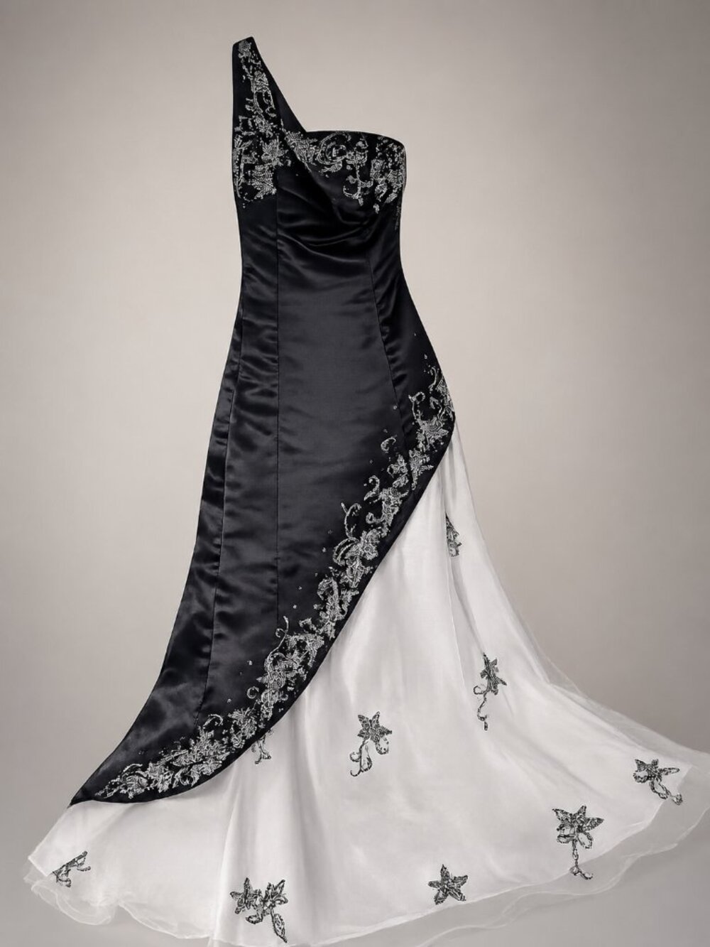 Vtg Lenovia Black White One Shoulder Formal Gown Rhinestone Satin Prom Pageant